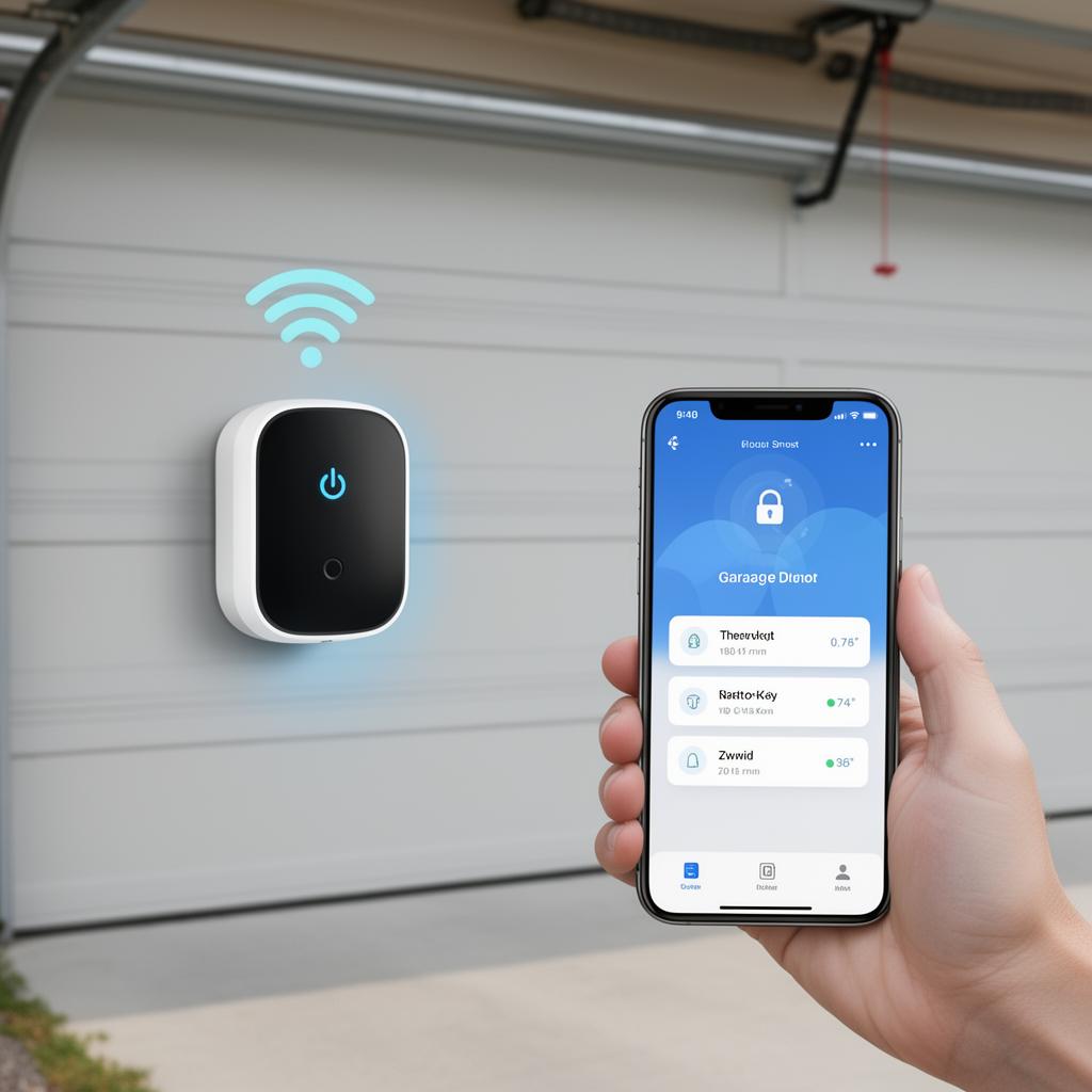 Smart garage door opener with smartphone app control and security monitoring features