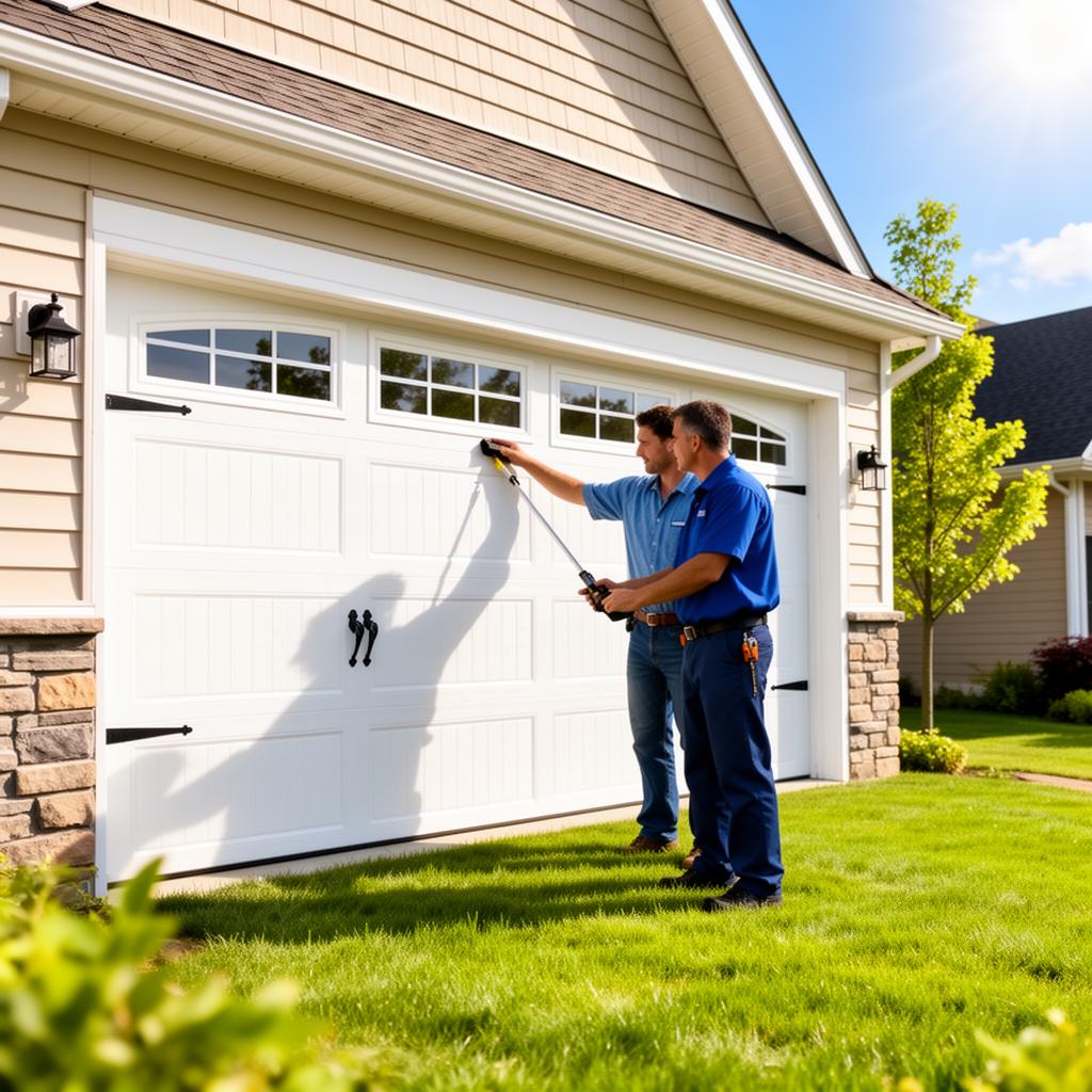 Homeowner performing summer maintenance on residential garage door with lubrication spray