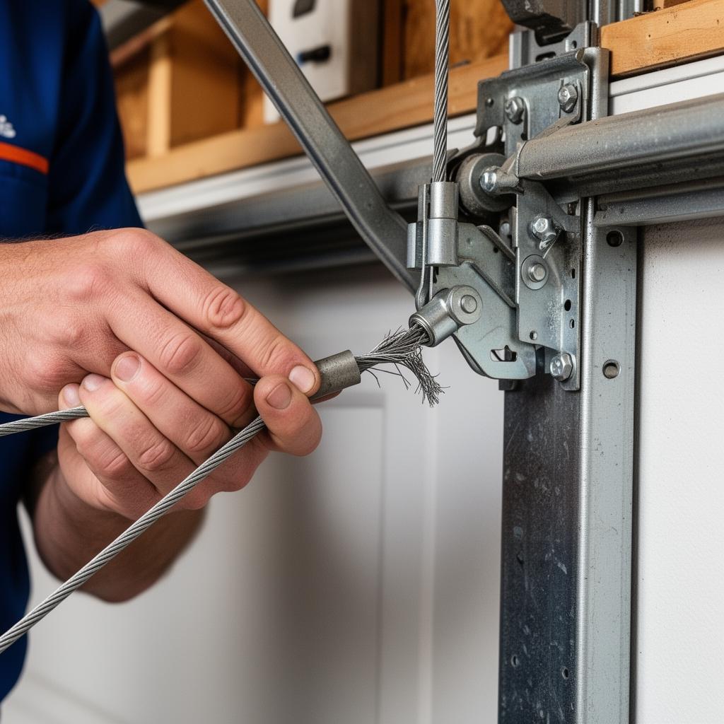 Professional technician repairing frayed garage door cable with specialized tools in Puyallup home