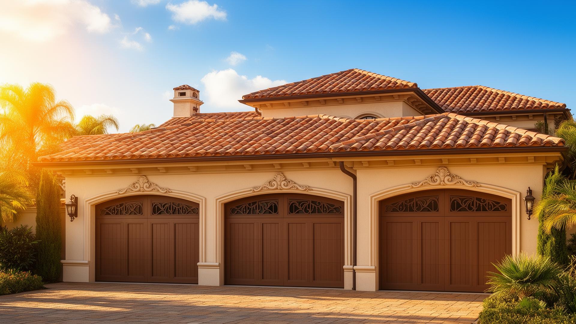Luxury Mediterranean villa with elegant Victorian style garage doors in Puyallup