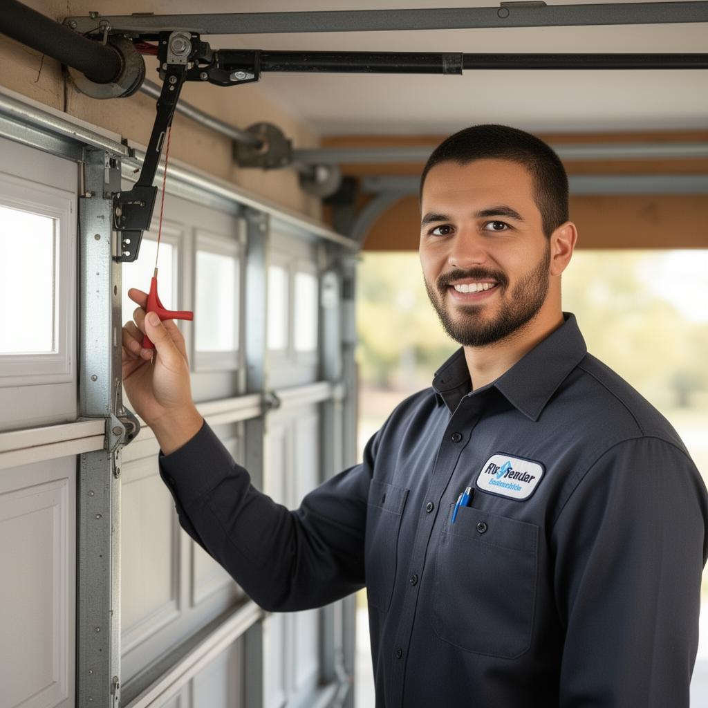 Professional garage door technician performing maintenance service in Puyallup